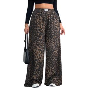 SOLY HUX Women's Plus Size Leopard Pants Cheetah Print High Waisted Baggy Wide Leg Pants Trousers with Pockets Brown Leopard X-Large Plus