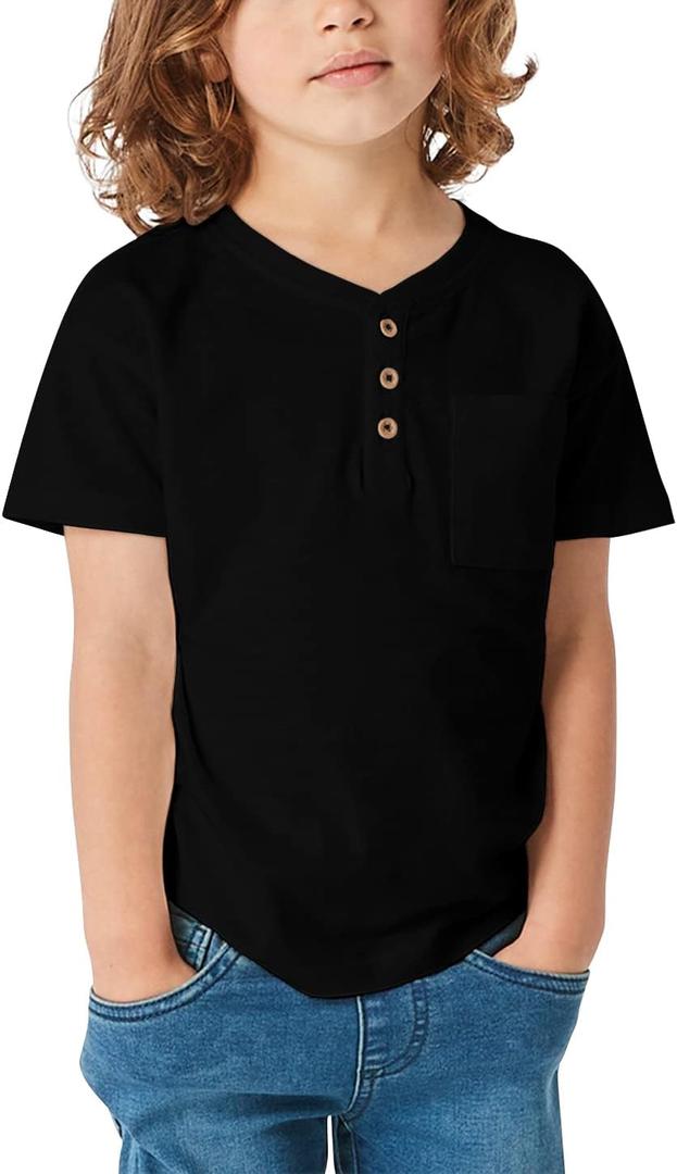 GAMISOTE Kids Boys Henley Shirts Solid Button Down Short Sleeve Pocket Casual Tops Tees (Black)
