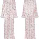 iTranyee Women Christmas 2 Piece Pajamas Set Feather Trim Long Sleeve Button Down Shirt Pants Outfits Silk Satin Lounge Set (Large, White)