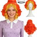 Hair Cap+Red Orange Wig with Bun Short Curly Orange Wig for Women Frizzle Cosplay Wigs Short Layered Wavy Wigs Funny Cosplay Costume for Theme Party Halloween Carnival Christmas