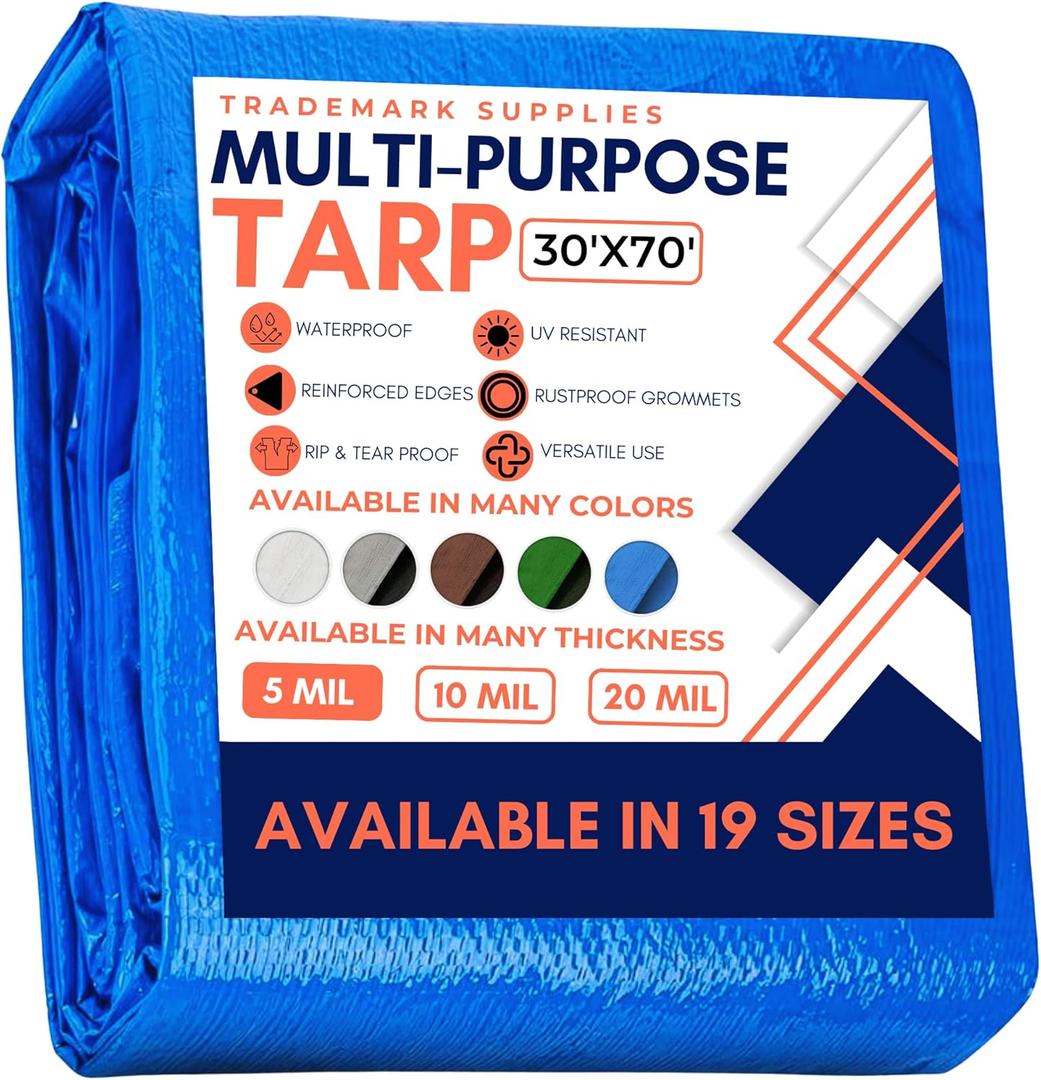 Large Waterproof Tarp - Heavy Duty 5 Mil Thick Poly Tarpaulin Ideal for Canopy Tents, Boats, RV or Pool Covers - Multipurpose Protective Tarps with Grommets for Indoor and Outdoor Use | 30' x 70' (Blue-lightweight Protection)
