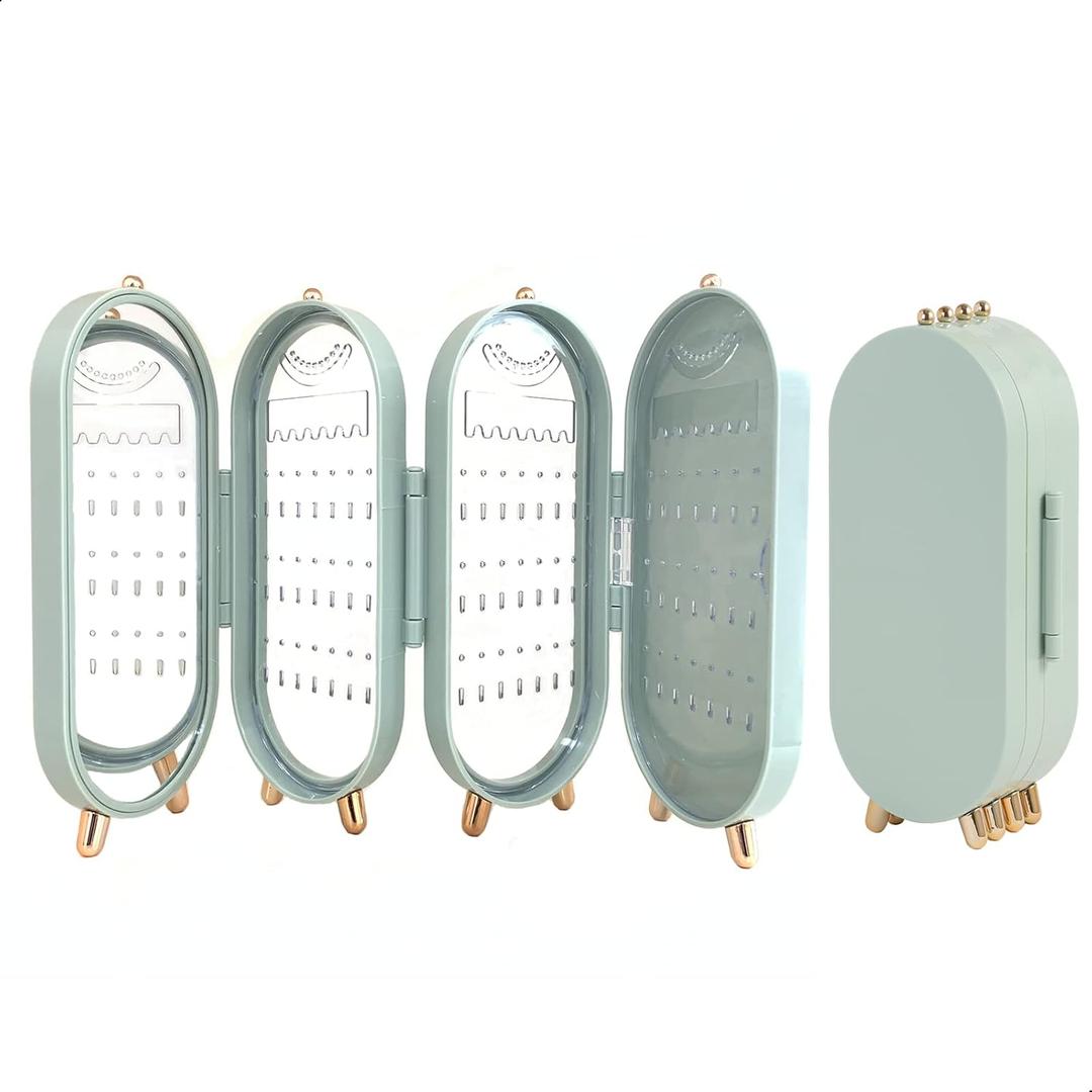 Foldable Earring Holder Jewelry Organizer Box with Mirror, 4-Layer Dustproof Earring Necklace Display Stand Jewelry Box with 153 Holes for Women and Girls, Gifts for Girl (Light Green)