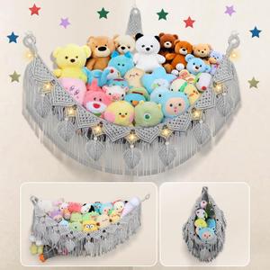 Stuffed Animal Hammock Corner - 56'' Jumbo Handcrafted 5mm Double Macrame Cord Toy Hammock Holder - 100% Natural Cotton Stuffed Animal Storage Net - Gray Stuffy Plushie Net w/LED Star Light (XX-Large Leaf Style)