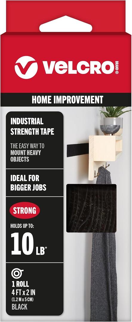 VELCRO Brand - Industrial Strength | Indoor & Outdoor Use | Superior Holding Power on Smooth Surfaces | Size 4ft x 2in | Tape, Black - Pack of 1, (Model: 90593)