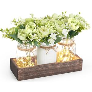 Mkono Mason Jar Lights Centerpiece Table Decor for Dining Room Farmhouse Wood Tray with 3 Jars Flowers Valentines Day Decoration for Coffee Table Kitchen Living Room Wedding