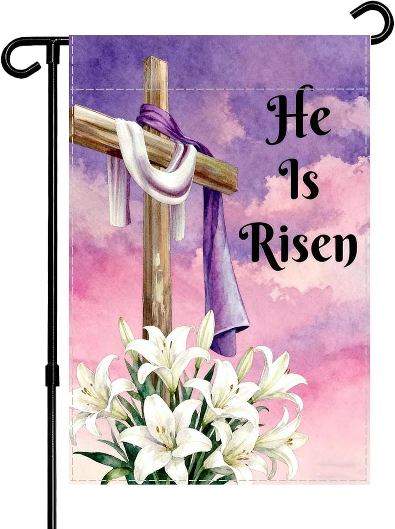 Easter Cross Garden Flag, He is Risen Religious Decorative Flag with Purple Sky Design, Spring Holiday Outdoor Decor 12 x 18 Inch