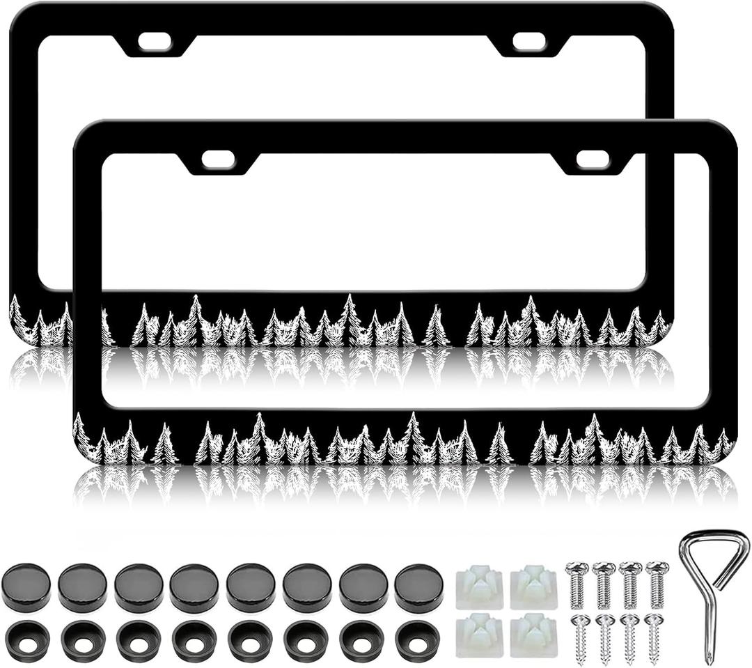 Forest Trees License Plate Frame - 2 PCS Silhouette of Forest Tree License Plate Holder, Rust-Proof Stainless Steel License Plate Cover Decoration with Screws Caps for Standard Us 12x6 Inch