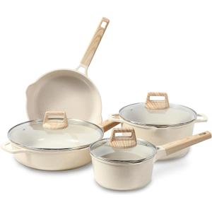 ESLITE LIFE Nonstick Cookware Sets, 7 Pcs Ceramic Coating Pots and Pans Set Kitchen Cooking Set, Compatible with All Stovetops (Gas, Electric & Induction), PFOA Free, White