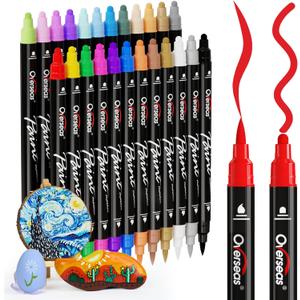 Overseas Acrylic Paint Markers, 24 Colors Paint Pens Acrylic Markers Dual Tip with Brush Tip and Dot Tip, No Bleeding Coloring Markers for Wood, Rock, Canvas, Glass, Metal, Ceramic, Plastic, Fabric (1 Count (Pack of 24))