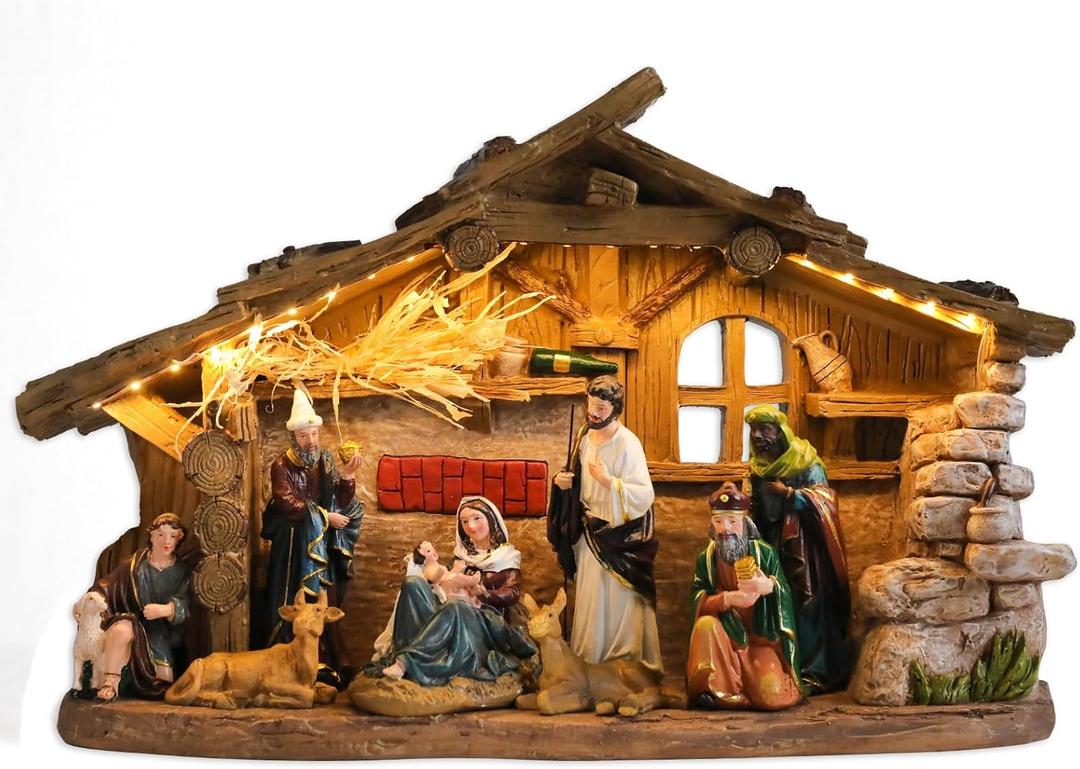 Nativity Scene Indoor 10.2 Inch Christmas Music Village Manger Nativity Sets Tabletop Jesus Christmas Figurines Decorations Christmas Ornaments