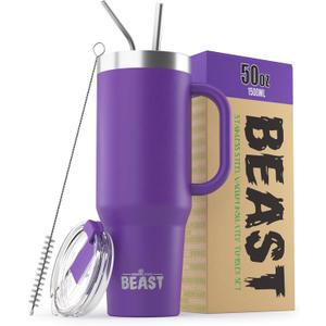Beast 50 oz Tumbler with Handle Stainless Steel Vacuum Insulated Coffee Ice Cup Double Wall Travel Flask (Deep Purple)