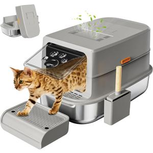 Erinaik Stainless Steel Cat Litter Box with Lid, XL Extra Large Litter Box, High Sided & Enclosed & Hooded Metal, Never Absorbs Odors, Anti-Leakage, Easy Cleaning (Light Grey)