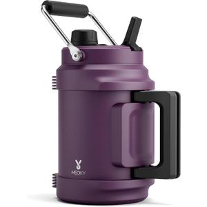 64 oz Insulated Water Bottle for Gym: Meoky Triple Wall Vacuum Stainless Steel Half Gallon Water Jug - Top and Side Handles, 2-in-1 Straw and Spout Lid, Cold for 36 Hrs, Leak Proof for Camping (Plum)