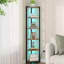 Corner Shelf with LED Light, 6-Tier Corner Bookshelf, Tall Narrow Display Bookcase with Metal Frame, Standing Shelf for Small Space, Living Room, Home Office, Bedroom, Rustic Brown CS66601B