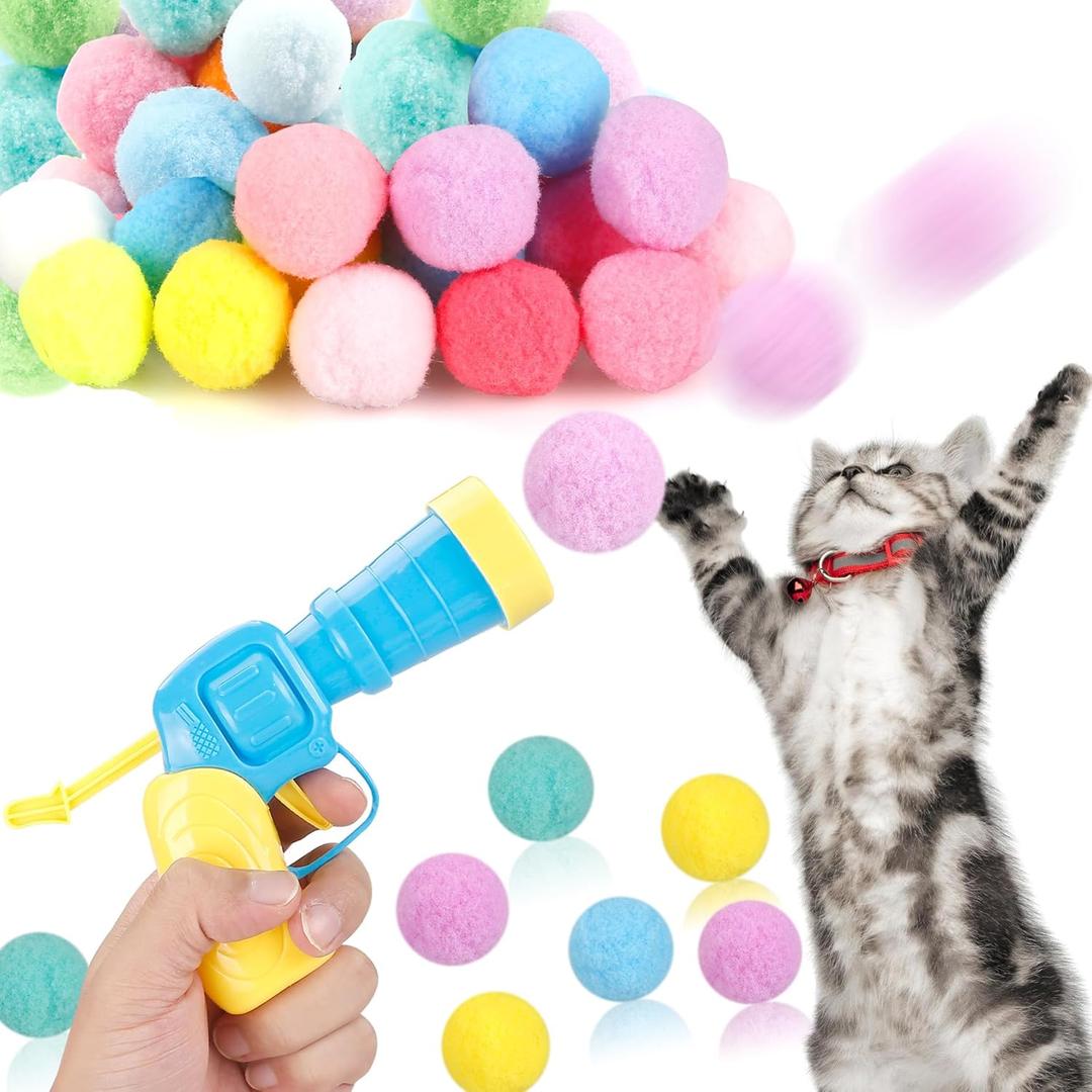 MeoHui 31Pcs Cat Ball Toy Launcher Gun,Cat Balls Fetch Toy,30Pcs Plush Fuzzy Balls Launcher Cat Toy for Cats with 1 Gun, Funny Interactive Cat Toys for Bored Indoor Adult Cats, Cute Kitten Kitty Toys