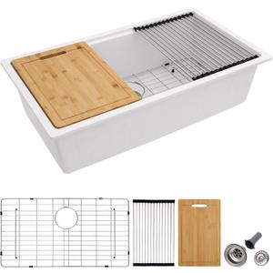 32 Granite Composite Kitchen Sink - Fulorni 32"x19" Granite Kitchen Sink Undermount Ledge Workstation White Quartz Classic Under Counter Single Bowl Basin