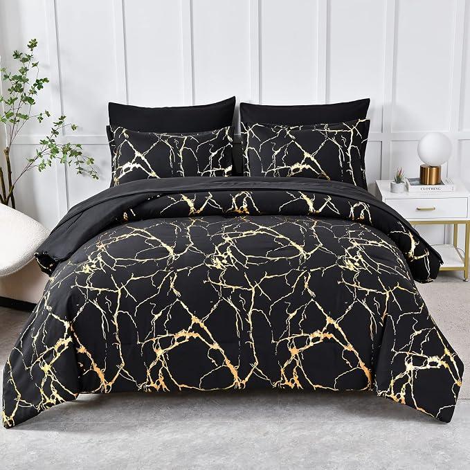 Gold Metallic Marble Comforter Set Queen Size,7 Piece Bed in a Bag,Foil Print Glitter Black Comforter and Sheet Set,All Season Soft Microfiber Complete Bedding Sets(Black,Queen)