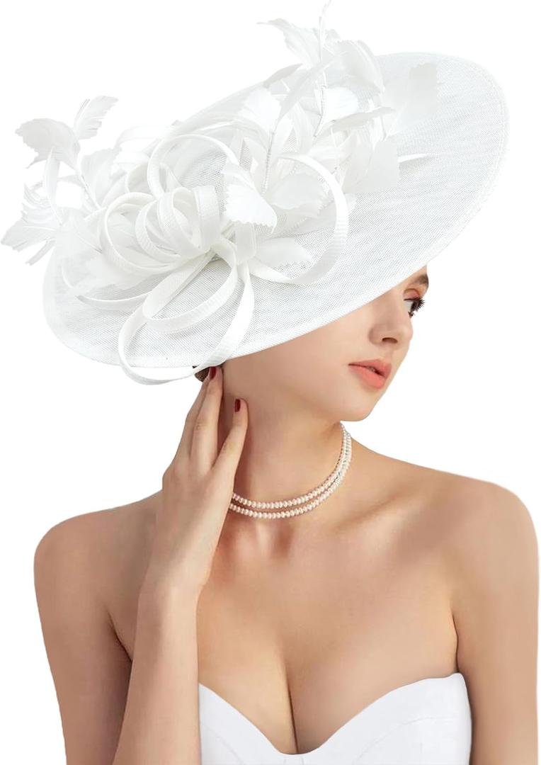 dressfan Fascinator Hats for Women,Linen Vintage Feather Headwear for Derby/Church/Wedding/Cocktail/Tea Party (White)