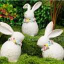 Lulu Home 3 Packs Easter Tabletop Ornaments, Resin White Bunnies Figurines with Floral Wreaths Around Necks, Standing Rabbit Statues for Spring Garden Home Mantel Indoor Outdoor Decorations
