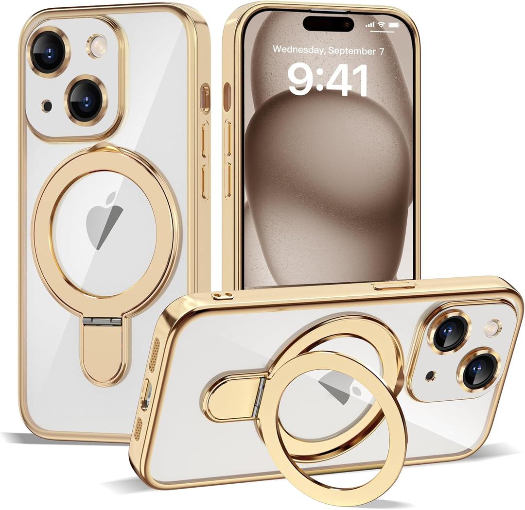 Compatible with iPhone 15 Case with Invisible Magnetic Ring Stand [Compatible with Mag-Safe] [Full Camera Lens Protector] Plating Clear Phone Case for iPhone 15 6.1", Gold