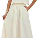 HangNiFang Summer Skirt Sets Women 2 Piece Outfits Cap Sleeve Top Elastic Waist Lightweight Maxi Dress Sets with Pockets (Medium, Beige)