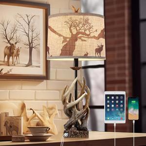 Rustic Deer Antler Table Lamp for Living Room End Tables Farmhouse Cabin Lamps with USB A + C Charging Ports 28" Tall Western Country Bedroom Lamps for Nightstand, Single, Bulb Not Included