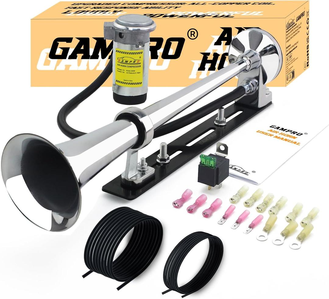 GAMPRO 12V 150DB Air Horn with Install Mounting Bracket Kit, 18 Inches Single Trumpet Truck Air Horn with Compressor Kit for Any 12V Vehicles Trucks Lorrys Trains Boats Cars (Black and Silver)