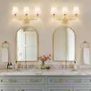 MOKATNG Bathroom Light Fixtures, 3-Light Brushed Gold Vanity Lights, Bathroom Lighting Fixtures Over Mirror with Flared White Fabric Shade, Modern Wall Sconces for Living Room Hallway