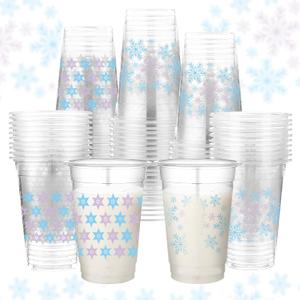 Havawish 100 Pcs Blue Winter Snowflake Plastic Cups 16 oz Disposable Clear Cups Coquette Bow Snowflake Theme Decorations for Birthday Baby Bridal Shower Wedding Xmas Winter Holiday Party Supplies