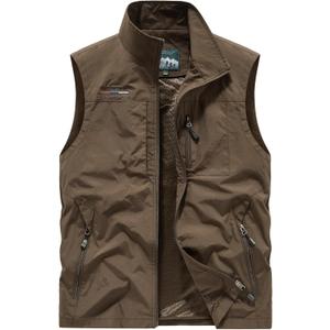 Lightweight Outdoor Vest Jacket for Men, Windbreaker for Golf, Safari, Travel, Fishing, Hiking (Brown, XL)