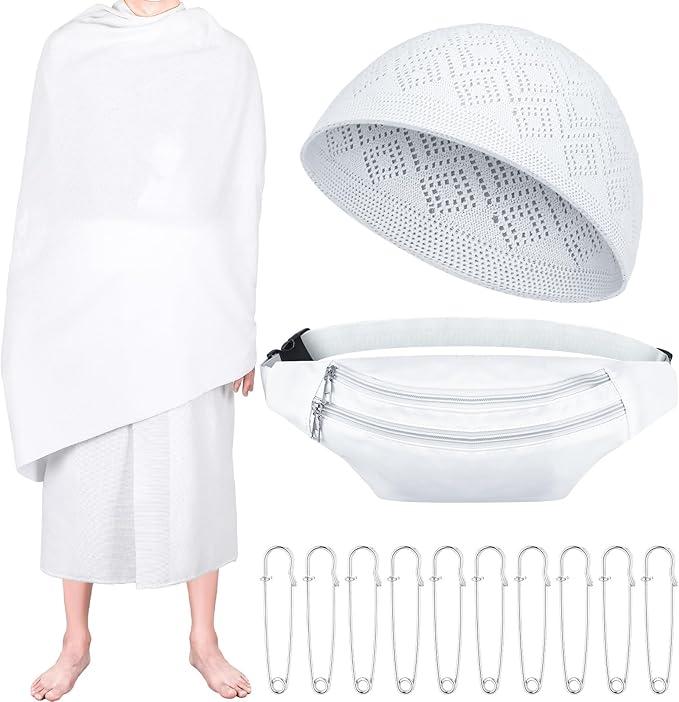Suhine 14 Pcs Men's Ihram Set for Hajj and Umrah Essentials, Islamic Ahram Ehram Towel Waist Belt Kufi Hat and 10 Pins(Adult Size)