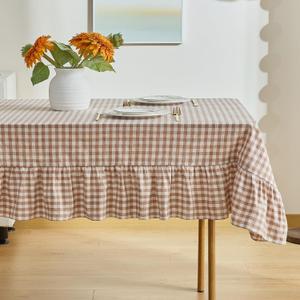 Taupe Gingham Tablecloth, 100% Washed Cotton, Classic Vintage Decorative Table Cover, Buffalo Plaid Checkered Ruffled Table Cloth for Kitchen Dining Room Party (Rectangle, 120 x 60 in)