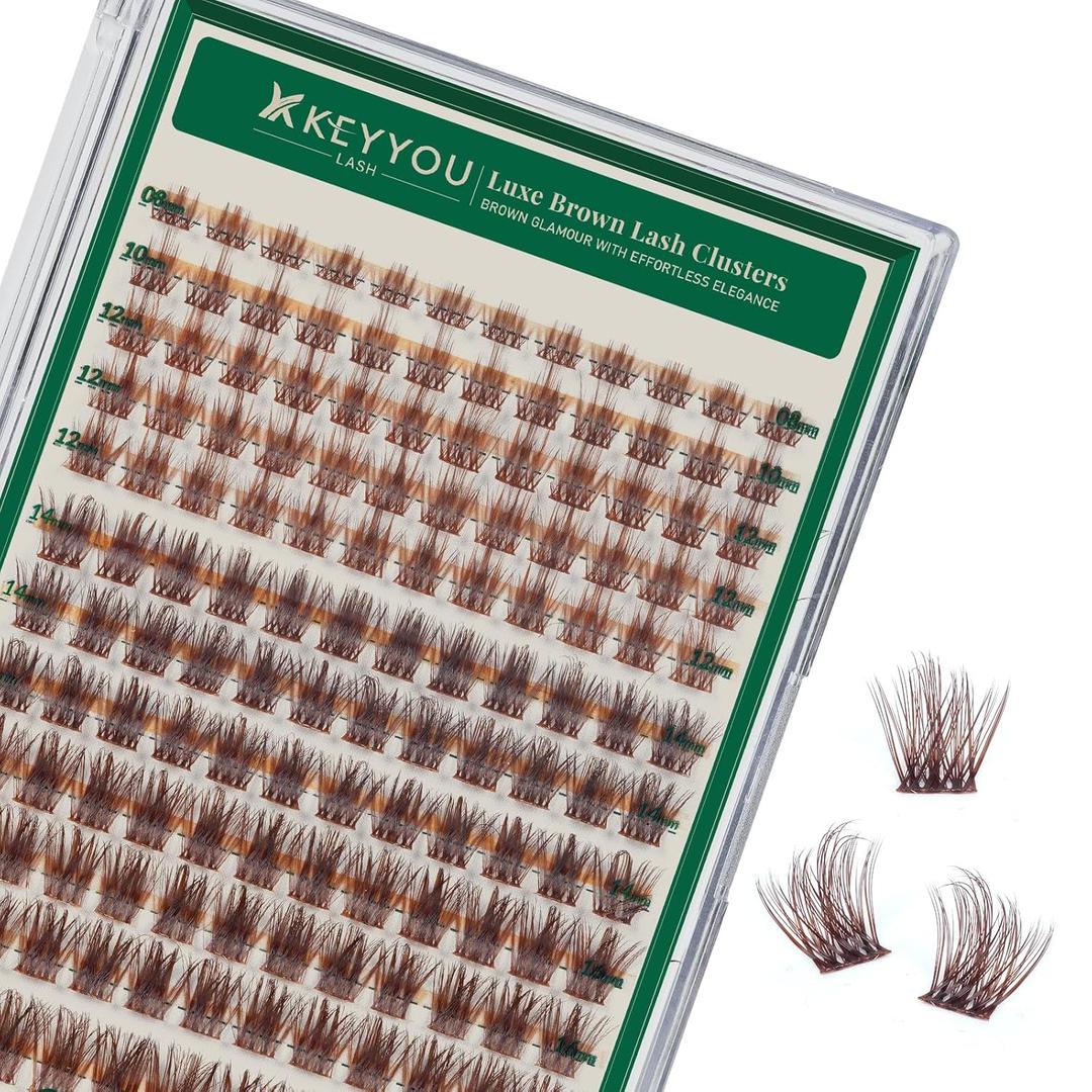 KEYYOU Brown Lash Clusters 144pcs Eyelash Clusters 8-18MIX D Curl Cluster Lashes Soft Wispy Lash Clusters Natural Look Brown DIY Lash Extension At Home(Brown05-D-8-18MIX)