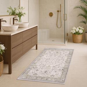 Light Grey 3x5 Large Boho Bathroom Rug - Modern Vintage Eclectic Floral Pastel Neutral Taupe, Washable Low Pile Non-Slip Area Rugs for Entryway, Kitchen, Bedroom Beside Bed, Laundry