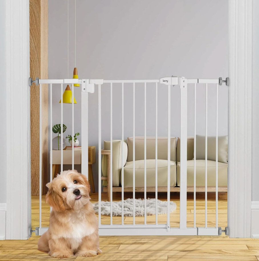 keny 29"-42.5" Baby Gate for Stairs, Auto Close Safety Dog Gate, Pressure Mounted Easy Walk Through Pet Gate for Doorways, Durable Stair Gate, 30" Tall, White