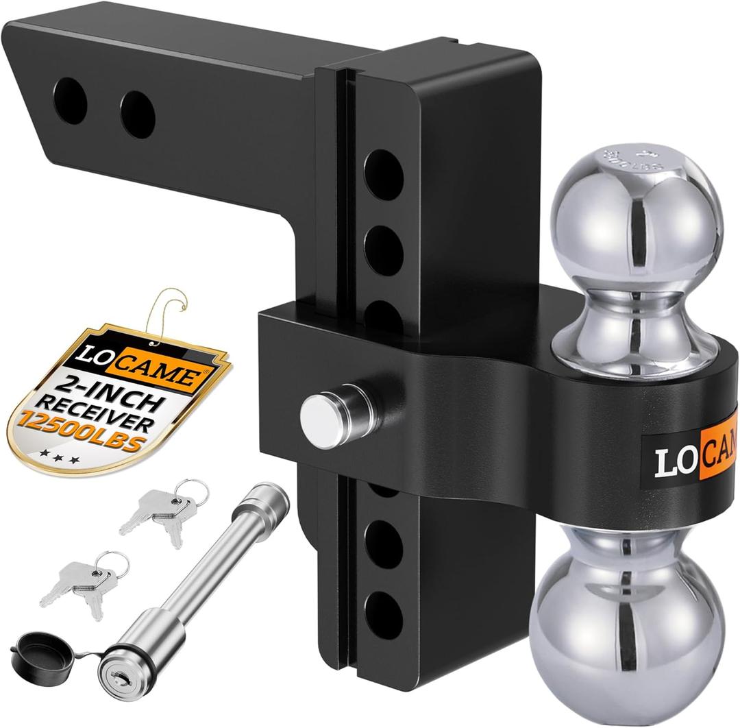 LOCAME Adjustable Trailer Hitch, Fits 2-Inch Receiver, 6-Inch Drop/Rise Aluminum Drop Hitch,12,500 LBS GTW-Tow Hitch for Heavy Duty Truck with Double Stainless Steel Locks, Black, LC0024