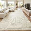 Beige Solid Area Rug 9x12, Large Washable Living Room Rug, Ultra Soft Indoor Rugs for Bedroom, Modern Geometric Boho Pattern High-Low Textured Carpet for House Apartment, Home Office Decor