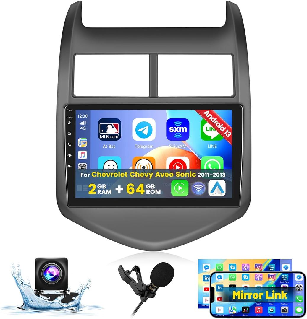 Roinvou 2+64G Android CarPlay Stereo for Chevrolet Chevy Aveo Sonic 2011-2013, Built-in Wireless CarPlay with Android Auto, 9'' Touch Screen in-Dash GPS Navigation Support Mirror Link BT RDS WiFi DSP