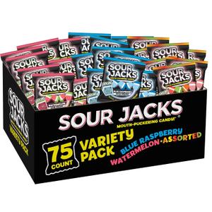 SOUR JACKS, Sour Gummy Candy, Variety Pack, 75 0.5 oz Snack-Size Pouches, Watermelon, Blue Raspberry, and Assorted Fruit, Individually Wrapped, Fat Free, Gluten Free (EXP 12/31/26)