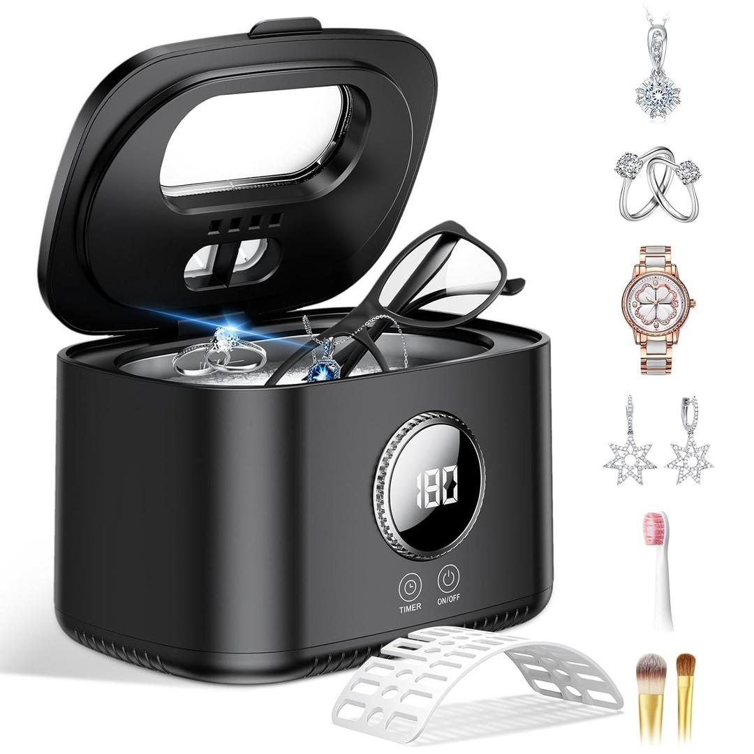 Ultrasonic Jewelry Cleaner, 47kHz Ultrasonic Retainer Cleaner Machine, 600ml Dental Cleaning Pod with 5 Modes, Dual Brush Ports and U-V Lights, Digital Timer for Eyeglasses, Rings, Watch Strap (Black)