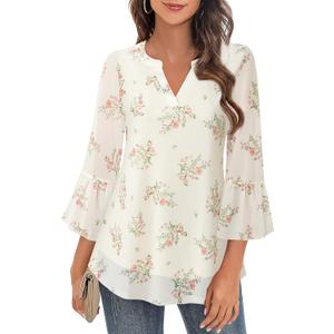 Timeson Women's 3/4 Sleeve Tops and Blouses V Neck Business Casual Shirts Dressy Tunics (Beige, XXL)