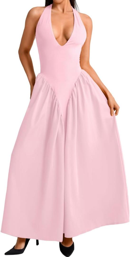 ChiaoLezhee Deep V Neck Dress, Halter Maxi Dresses, Vacation Date Night, Sexy for Women Corset Flowy Wedding Guest Drop Waist, S