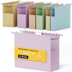 XINGIA Hanging File Folders Letter Size with Tabs, 12 Pack Assorted 1/2/3/4 Inch Thick Expandable Colored File Cabinet File Folders, Durable Document Organizer for Home & Office Filing Cabinet Storage