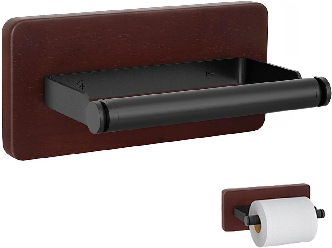 Rustic Toilet Paper Holder Wall Mount - 6.69"x2.95" Solid Wood Bathroom Tissue Paper Roll Hoder with 5.7" Stainless Steel Rod, Farmhouse Paper Towel Holder for Small Space