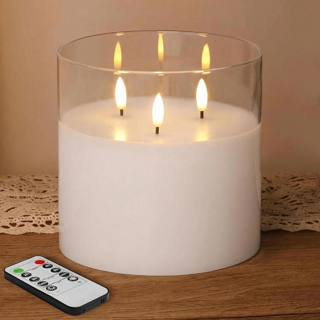 Eywamage 3 Wick Clear Glass Flameless Candle with Remote, Large Flickering LED Battery Pillar Candle  6" H 6"