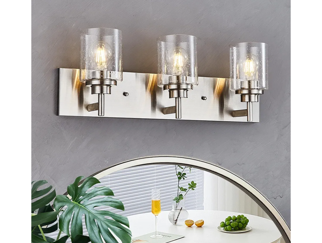 Bathroom Vanity Light Fixture, Brushed Nickel | 24" 3-Light，Modern Wall Sconce，Seeded Glass & Large Backplate - Farmhouse Lighting for Bathroom, Living Room, Hallway