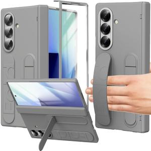 Wrist Strap for Samsung Galaxy Z Fold 7 Case, Finger Strap Full-Body Case with Kickstand Hinge Protection HD Screen Protector Raised Edge Protection Anti-Scratch Stand Cover for Z Fold 7 Grey