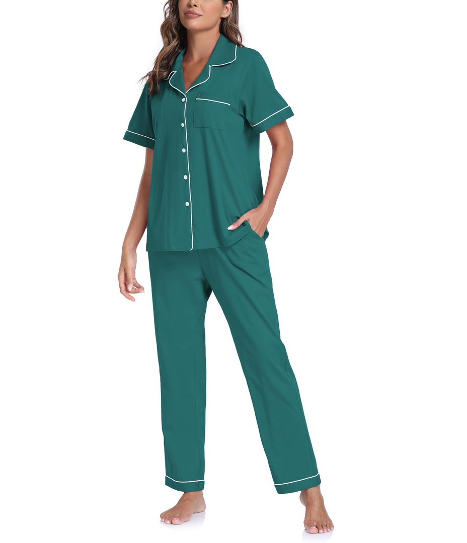 CF Womens 100% Cotton Pajamas Set Button Down Pjs Sets Short Sleeve Top & Pants Sleepwear Comfy Loungewear with Pockets(Green,L)