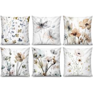 COMMINY Brown Grey Floral Pillow Cover 18x18 Set of 6 Watercolor Throw Pillow Covers Square Cushion Covers for Couch Sofa Living Room Home Decor (Modern Watercolor Flower)