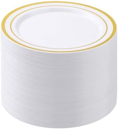 BESTSTAR White Plastic Plates for Party, 10.25 Inch Disposable Plates with Gold Rim, Heavy Duty Dinner Plates for Christmas, Thanksgiving, Party, Wedding and Birthday